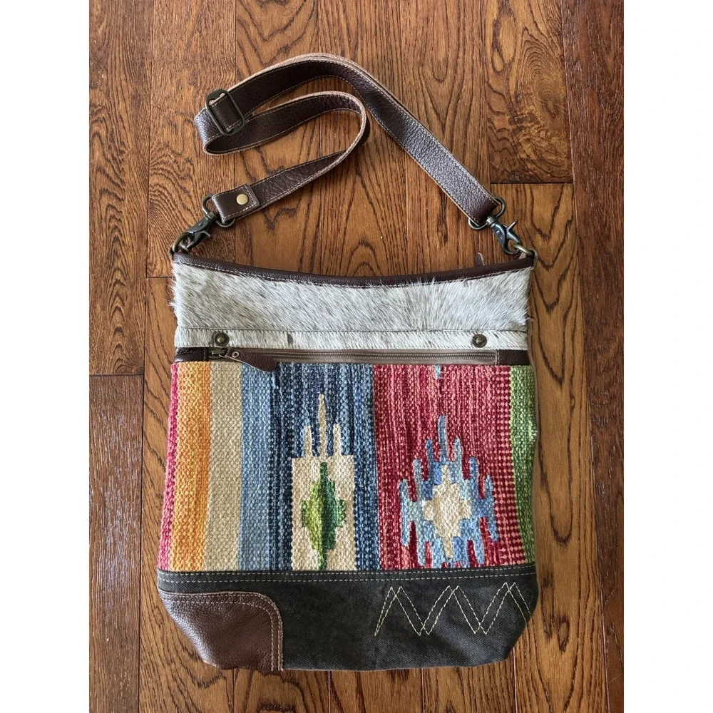 Myra Bag Technicolor‎ Cotton Rug Shoulder Bag Purse Bohemian Western Cowhide